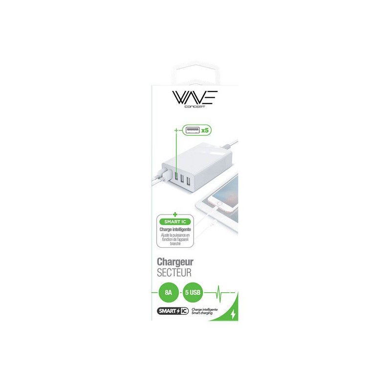 Chargeur Secteur 5 ports USA-A 8A Wave Concept Chargeur Secteur 5 ports USA-A 8A Wave Concept